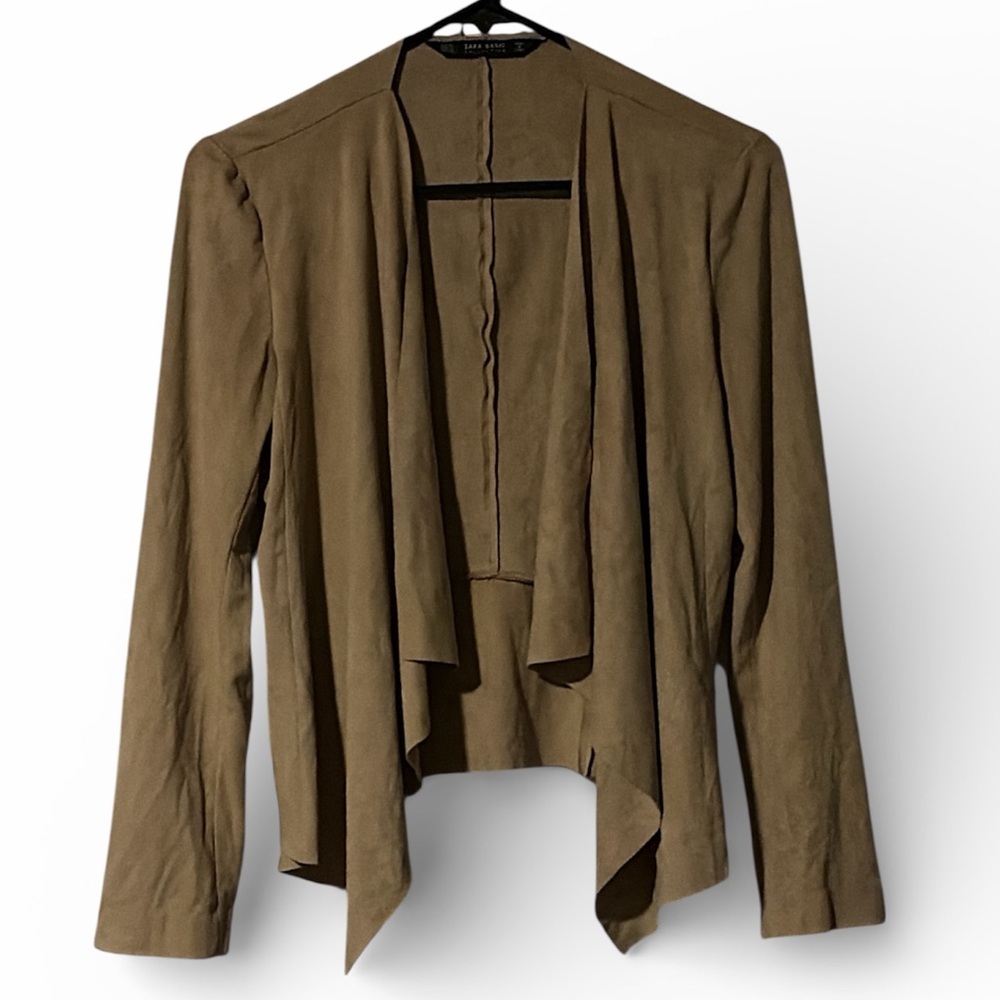 Zara Open Front Suede Draped Cardigan in Taupe - Picture 2 of 4